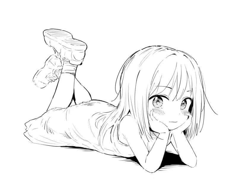 blush closed_mouth female full_body greyscale hands_on_own_cheeks hands_on_own_face healthyman highres legs_up lolicon looking_at_viewer lying monochrome on_stomach original shadow shoe_soles shoes simple_background solo the_pose white_background