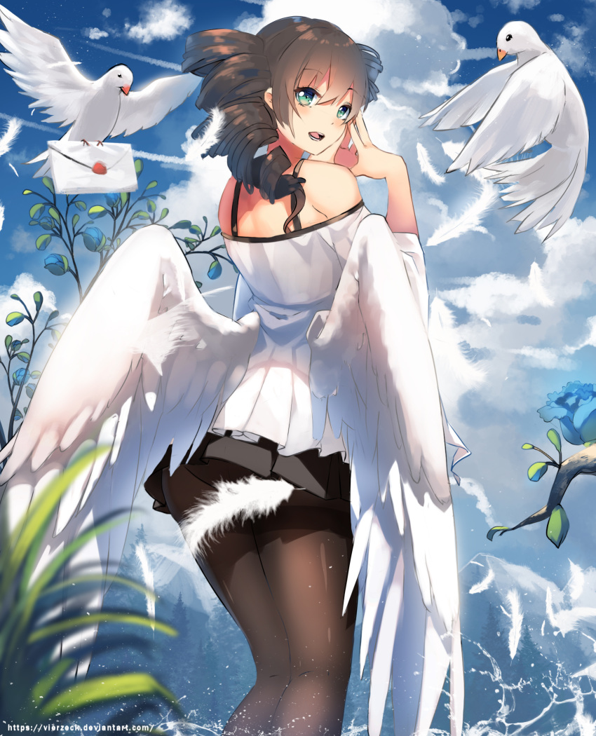 angel angel_wings bare_shoulders bird branch cloud dress female fern green_eyes hands_together highres leg_warmers letter lipstick looking_at_viewer looking_back makeup open_mouth original pleated_skirt scenery skirt sky vierzeck water white_dress wings