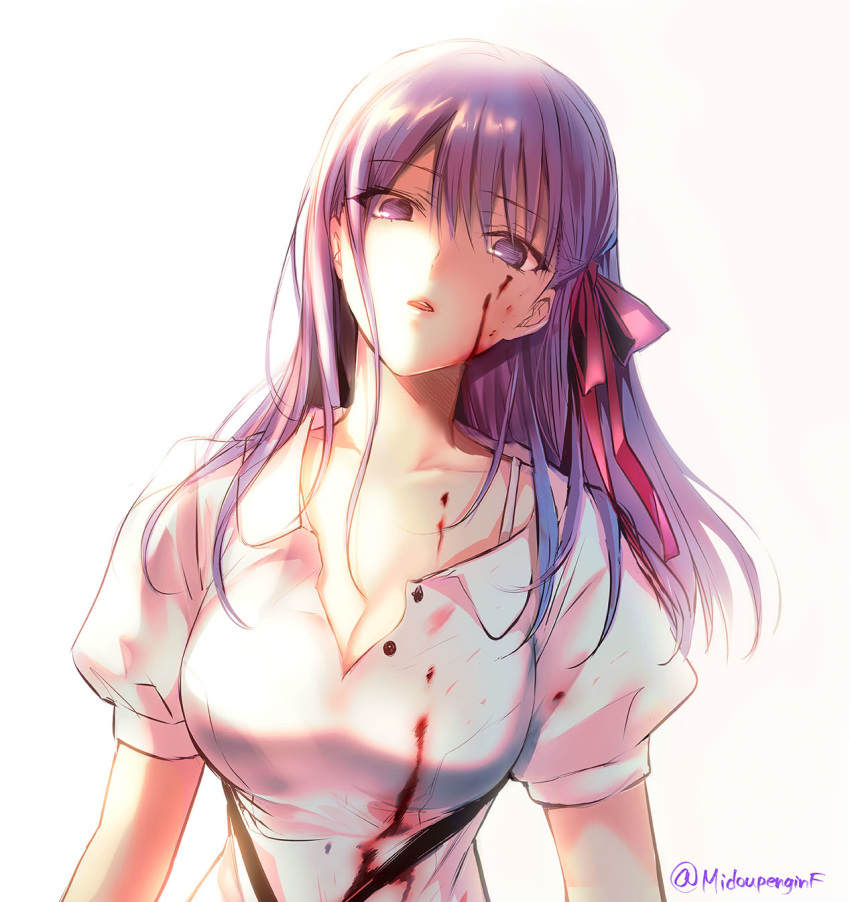 blood blood_on_face breasts cleavage collarbone commentary_request dress fate/stay_night fate_(series) female hair_ribbon heaven's_feel highres large_breasts long_hair looking_at_viewer matou_sakura mintes official_alternate_costume open_mouth parted_lips purple_eyes purple_hair ribbon short_sleeves simple_background solo white_background white_dress