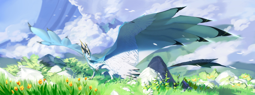 2020 absurd_res ambiguous_gender cloud day detailed_background digital_media_(artwork) dragon feathered_dragon feathered_scalie feathered_wings feathers feral grass hi_res horn kassillea mythological_creature mythological_scalie mythology outside plant rock scalie sky solo standing tail wings