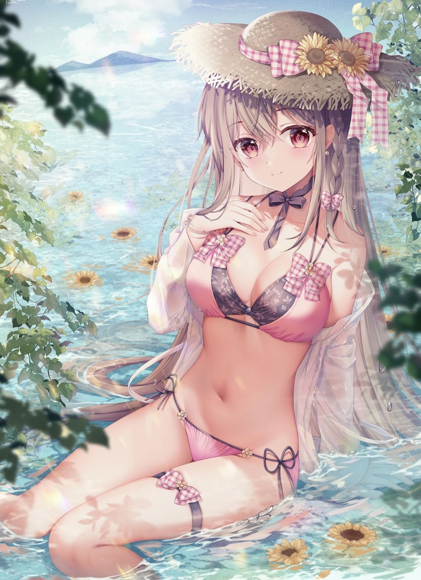 bare_shoulders bikini black_choker bow braid breasts brown_hair brown_hat choker cleavage closed_mouth female flower hairbow hand_on_own_chest hand_up hat highres jacket long_hair long_sleeves looking_at_viewer maeda_shiori medium_breasts multi-strapped_bikini navel off_shoulder open_clothes open_jacket outdoors pink_bikini red_eyes ribbon_choker side-tie_bikini_bottom sitting smile solo sousouman stomach straw_hat string_bikini sunflower swimsuit thigh_strap thighs twinbox_school very_long_hair water wet white_jacket