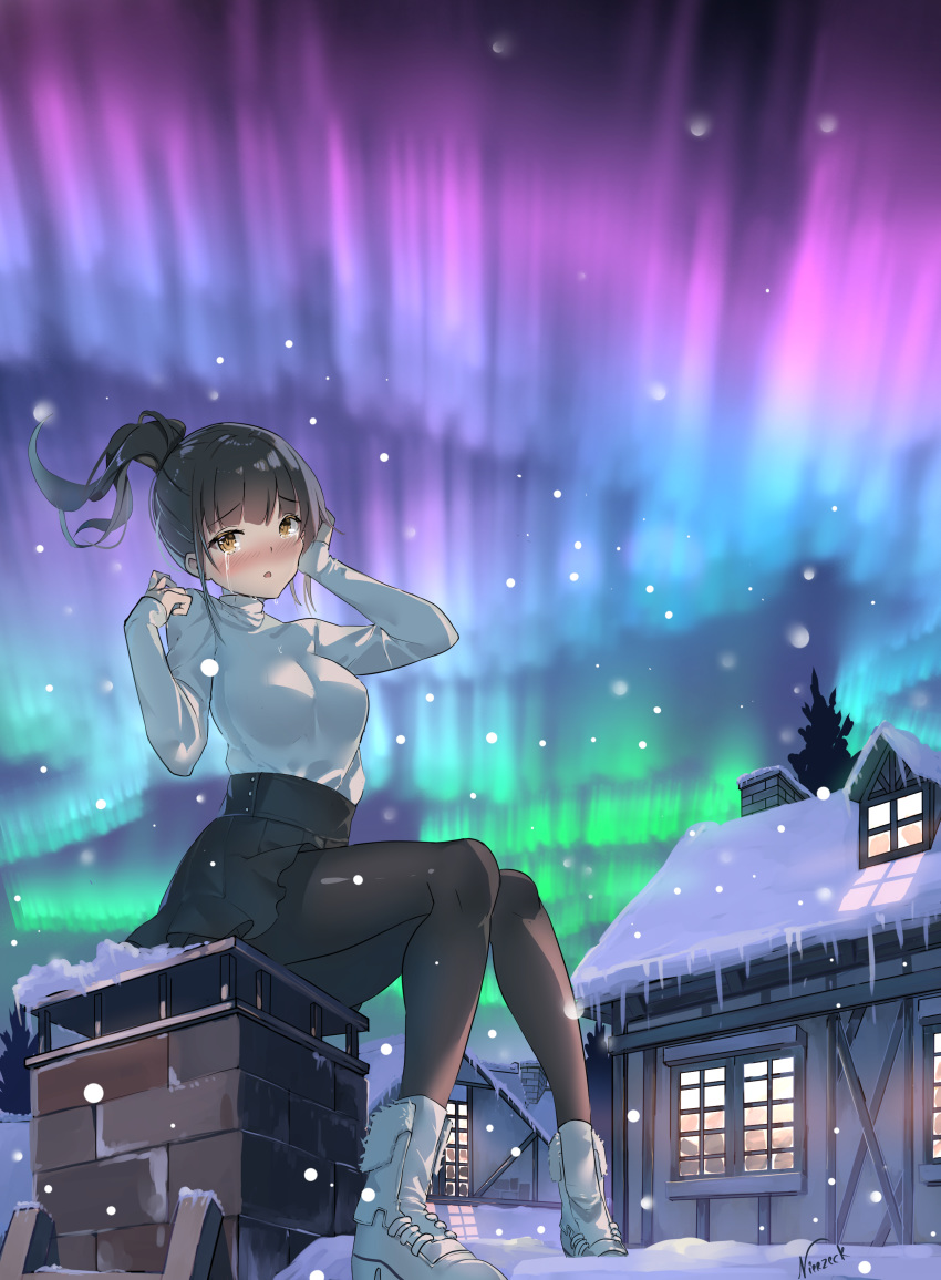 absurdres aurora boots cabin crying female hand_on_own_head highres ice long_hair multicolored multicolored_background new_year original ponytail snowing sweater thighhighs tree vierzeck winter yellow_eyes