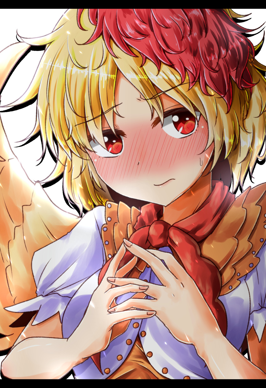 absurdres blonde_hair blush commentary female fingers_together highres letterboxed looking_at_viewer multicolored_hair neckerchief niwatari_kutaka oshiaki puffy_short_sleeves puffy_sleeves red_eyes red_hair short_hair short_sleeves solo sweatdrop touhou two-tone_hair upper_body white_background wings