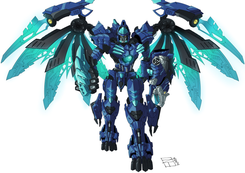 1boy absurdres beast_wars clenched_hands commission cryotek english_commentary glowing glowing_eyes highres lextodrawstuff looking_at_viewer mecha mechanical_wings no_humans predacon robot science_fiction solo transformers walking white_background wings yellow_eyes