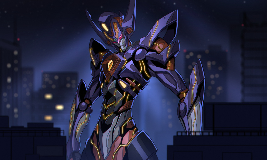 3ok absurdres assault_visor blurry blurry_background city gridknight_(ssss.gridman) gridman_universe head_tilt highres looking_down mecha night no_humans robot science_fiction solo ssss.dynazenon