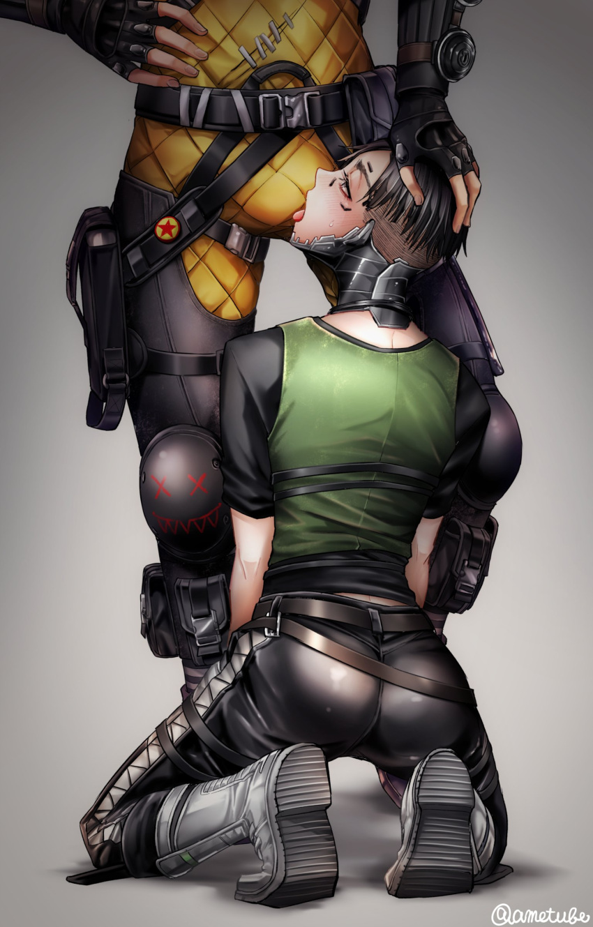 2boys absurdres amatsubu apex_legends ass belt commentary_request crypto_(apex_legends) fellatio grey_background highres licking licking_penis male_focus mirage_(apex_legends) multiple_boys oral penis shoes simple_background yaoi