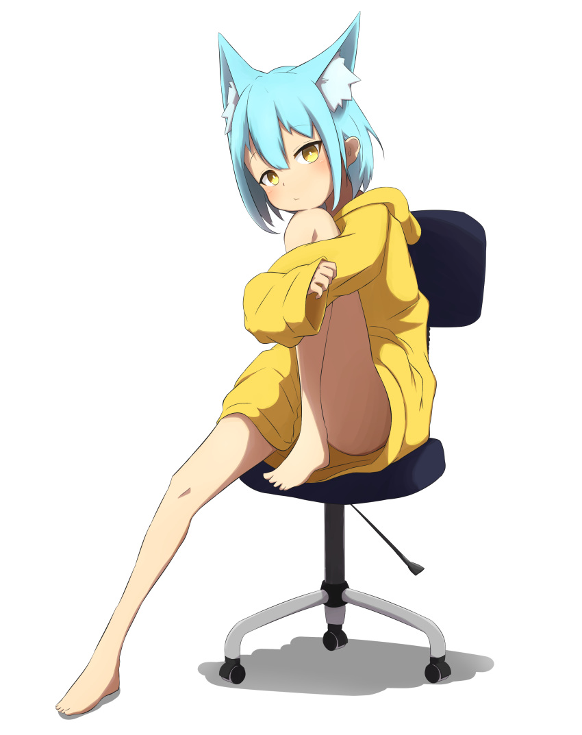 :t absurdres animal_ear_fluff animal_ears bad_id bad_pixiv_id bare_legs barefoot blue_hair chair closed_mouth commentary_request convenient_leg extra_ears feet_on_chair female full_body hair_between_eyes head_on_knee highres hood hood_down hoodie idaten93 knee_up leg_up long_sleeves looking_at_viewer no_pants office_chair on_chair original shadow simple_background sitting sleeves_past_wrists solo swivel_chair terufu-chan white_background wide_sleeves yellow_eyes yellow_hoodie