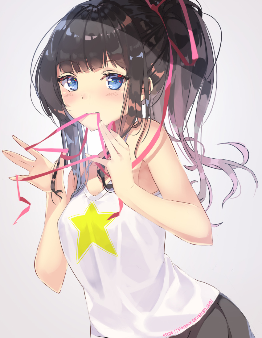 bangs bare_shoulders blue_eyes blush breasts eyelashes female highres looking_at_viewer mouth_hold original pink_ribbon pleated_skirt ponytail ribbon shirt simple_background skirt star_(symbol) vierzeck white_shirt