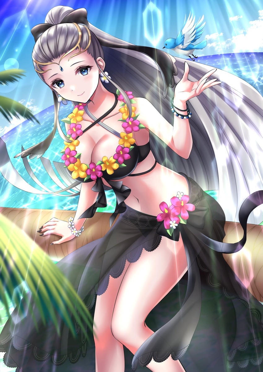 beach bikini bird black_bikini black_nails blue_bird blue_eyes breasts circlet eir_(fire_emblem) eir_(summer)_(fire_emblem) female fire_emblem fire_emblem_heroes grey_hair high_ponytail highres kakiko210 large_breasts looking_at_viewer nail_polish navel ocean official_alternate_costume outdoors palm_tree smile swimsuit tree