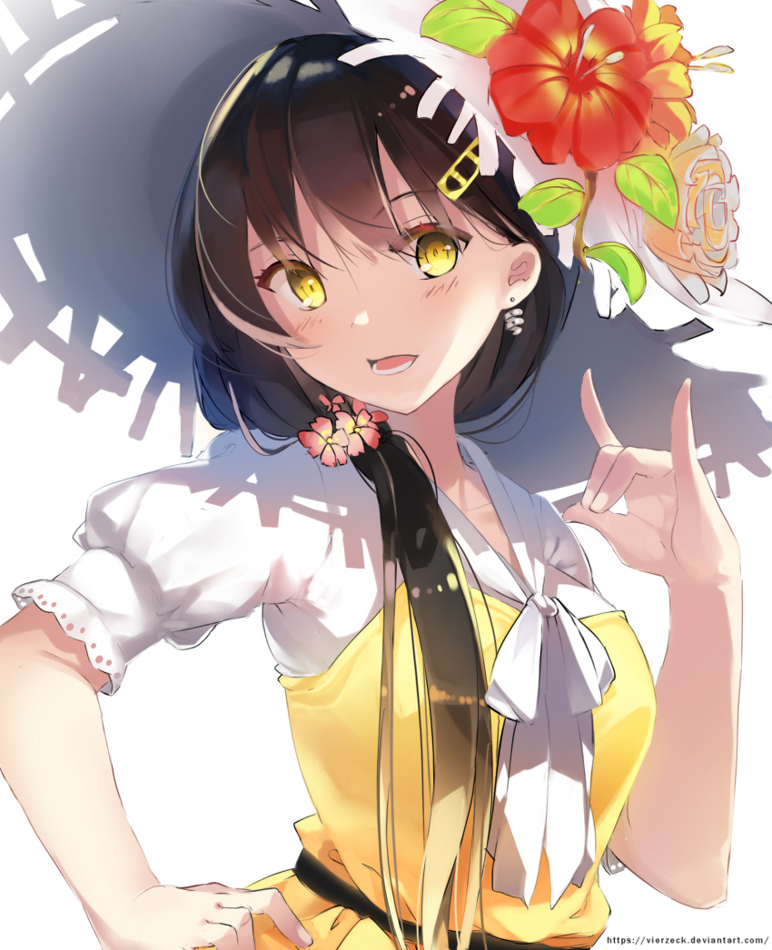 black_hair blush dress earrings female flower hair_between_eyes hair_flower hair_ornament hand_on_hip hat highres jewelry long_hair looking_at_viewer open_mouth original ponytail ribbon short_sleeves solo vierzeck white_headwear white_ribbon yellow_dress yellow_eyes