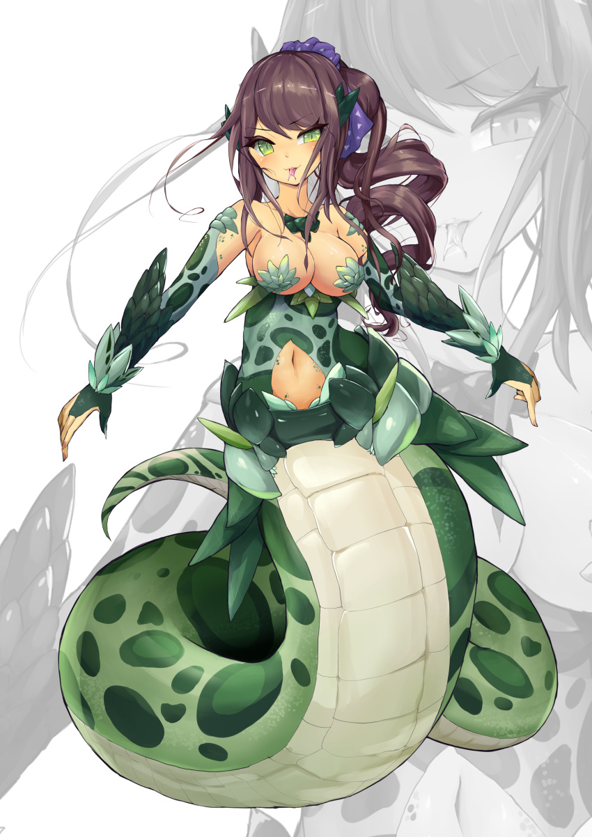 absurdres bare_shoulders breasts bridal_gauntlets brown_hair cleavage clothing_cutout commentary_request female forked_tongue full_body green_eyes highres lamia long_hair looking_at_viewer medium_breasts monster_girl navel navel_cutout original outstretched_arms ponytail purple_scrunchie scales scrunchie shitoi_(aqua1487) simple_background slit_pupils solo tail tongue tongue_out zoom_layer