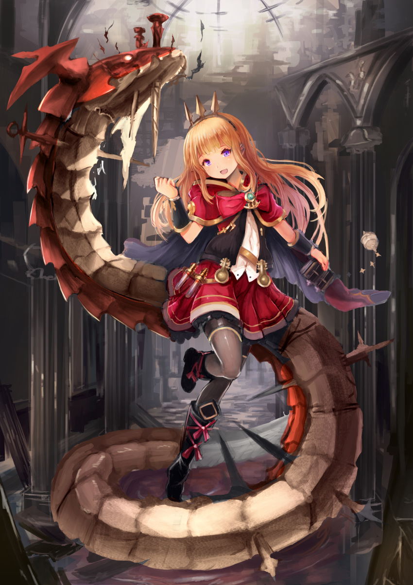 absurdres blonde_hair blue_eyes boots bow bowtie brooch cagliostro_(granblue_fantasy) capelet cloak female frilled_skirt frills granblue_fantasy hamidashi-kun headband highres jewelry knee_boots long_hair looking_at_viewer ouroboros_(granblue_fantasy) red_bow red_bowtie skirt smile