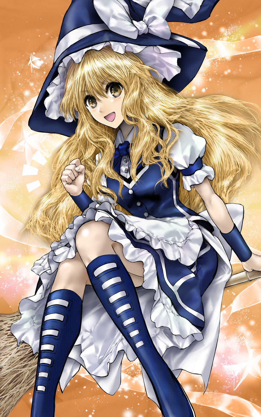 :d ankle_lace-up blonde_hair boots broom broom_riding commentary_request cross-laced_footwear dress female hat highres kirisame_marisa legs open_mouth photoshop_(medium) sidesaddle smile touhou umami_(sakeikura) witch_hat yellow_eyes