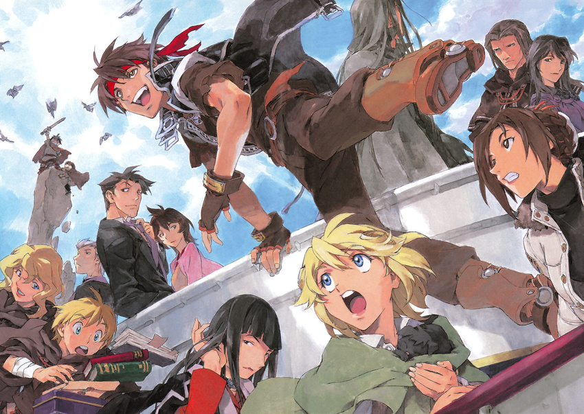 6+boys 6+girls bird black_hair blonde_hair blue_eyes book cleo_everlastin constance_magee dorothy_magee-hauser dortin fingerless_gloves forte_buckingham gloves headband highres isabella_sweetheart keith_royal kusaka_yuuya leki leticia_maccready long_hair madchen_amick majic_lin majutsushi_orphen multiple_boys multiple_girls official_art orphen robe sarua_solude short_hair sword uys_els_ito_egum_ed_gorgon volkan weapon