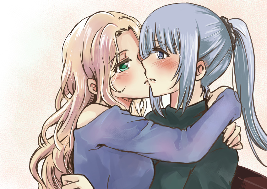 2girls absurdres bare_shoulders blonde_hair blush casual commentary_request ear_blush fei_cai_xiao_r flowers_(innocent_grey) green_eyes grey_eyes grey_hair hair_ornament hair_scrunchie highres hug imminent_kiss komikado_nerine long_hair multiple_girls off_shoulder parted_lips ponytail scrunchie simple_background turtleneck yatsushiro_yuzuriha yuri