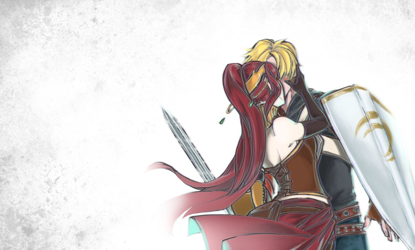 1boy absurdres blonde_hair breasts commentary_request crocea_mors_(rwby) death_flag elbow_gloves female gloves highres jaune_arc joker_(joker_sin) kissing long_hair medium_breasts milo_and_akouo ponytail pyrrha_nikos red_hair rwby shield short_hair straight sword weapon