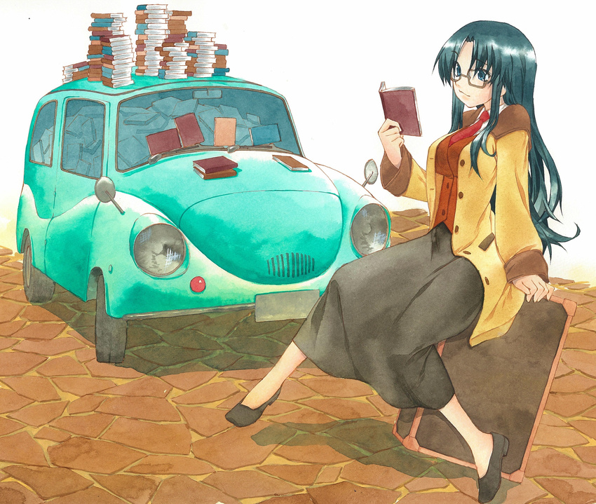 absurdres black_hair black_skirt blue_eyes book book_stack breasts car coat commentary_request eisuke_(gobangai_hole_boys) female full_body glasses highres large_breasts long_hair long_skirt motor_vehicle necktie read_or_die red_necktie skirt solo subaru_360 yomiko_readman