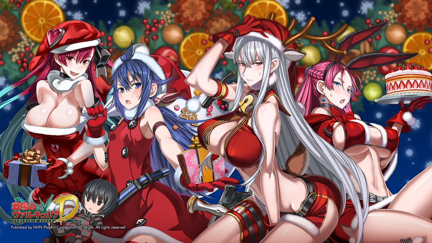 4girls animal_ears antlers breasts christmas cleavage earrings flat_chest gift gloves hat highres honjou_raita horns huge_breasts imca jewelry juliana_eberhardt large_breasts looking_at_viewer merry_christmas multiple_girls rabbit_ears red_gloves reindeer_antlers riela_marcellis sack santa_costume santa_hat selvaria_bles senjou_no_valkyria_(series) senjou_no_valkyria_1 senjou_no_valkyria_2 senjou_no_valkyria_3 smile