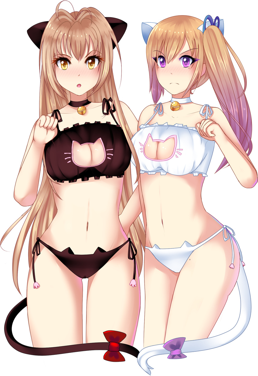 2girls :o alternate_costume amagi_brilliant_park animal_ears antenna_hair bell black_panties blonde_hair bow breasts cat_cutout cat_ear_panties cat_ears cat_lingerie cat_tail choker cleavage cleavage_cutout closed_mouth clothing_cutout commentary_request company_connection cowboy_shot crossover eyebrows frills frown gradient_hair highres jingle_bell kawakami_mai kyoto_animation large_breasts legs_apart legs_together long_hair looking_at_viewer magpii meme_attire mole mole_under_eye multicolored_hair multiple_girls musaigen_no_phantom_world navel neck_bell panties paw_pose paw_print purple_bow purple_eyes red_bow sento_isuzu side-tie_panties side_ponytail stomach tail tail_bow tail_ornament transparent_background underwear underwear_only very_long_hair white_panties yellow_eyes