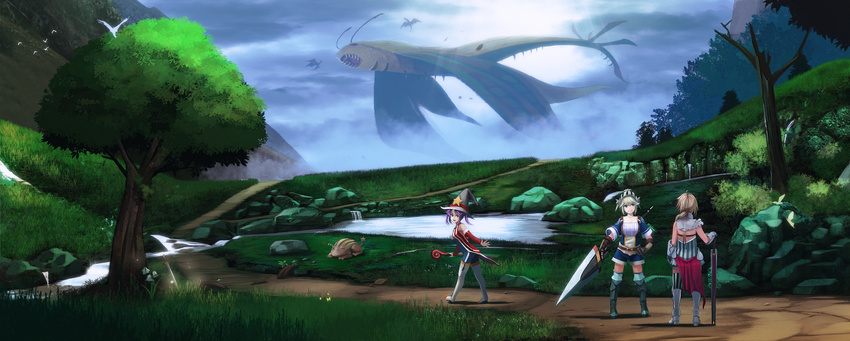 3girls armor commentary_request elrowa fantasy high_heels highres landscape monster multiple_girls original outdoors sword thighhighs weapon witch