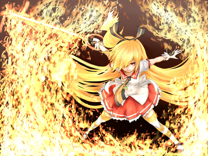 azure_luna commentary_request female fire gen'ei_wo_kakeru_taiyou gloves hair_over_one_eye hair_ribbon long_hair orange_hair red_eyes ribbon school_uniform shoes skirt solo striped_clothes striped_thighhighs sword taiyou_akari thighhighs very_long_hair weapon