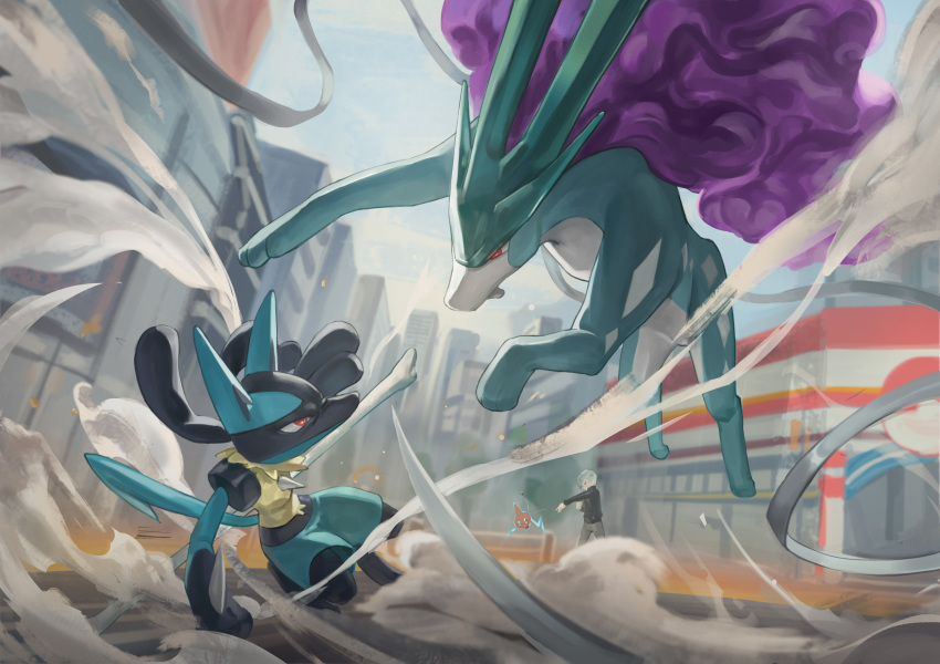 absurdres battle blue_fur commentary highres lucario nazgul_(5511474) photoshop_(medium) pokemon pokemon_(creature) pokemon_bw pokemon_center pokemon_gsc pokken_tournament red_eyes rotom rotom_(normal) suicune