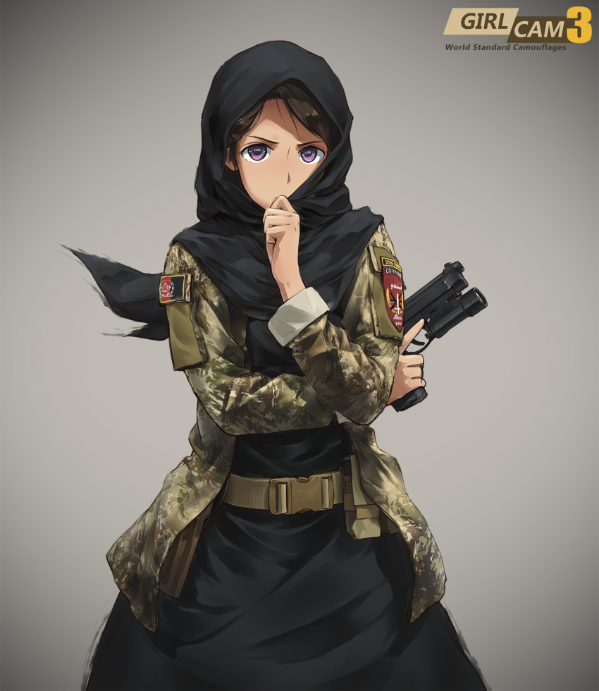 abaya afghan_flag afghanistan belt beretta_92 black_hair camouflage commentary_request copyright_name covering_own_mouth female flashlight gun hand_over_own_mouth handgun highres hijab looking_at_viewer magazine_(weapon) military military_uniform muslim original patch photoshop_(medium) pouch purple_eyes serious simple_background sleeves_rolled_up soldier tanto_(tc1995) trigger_discipline uniform war_in_afghanistan weapon wind