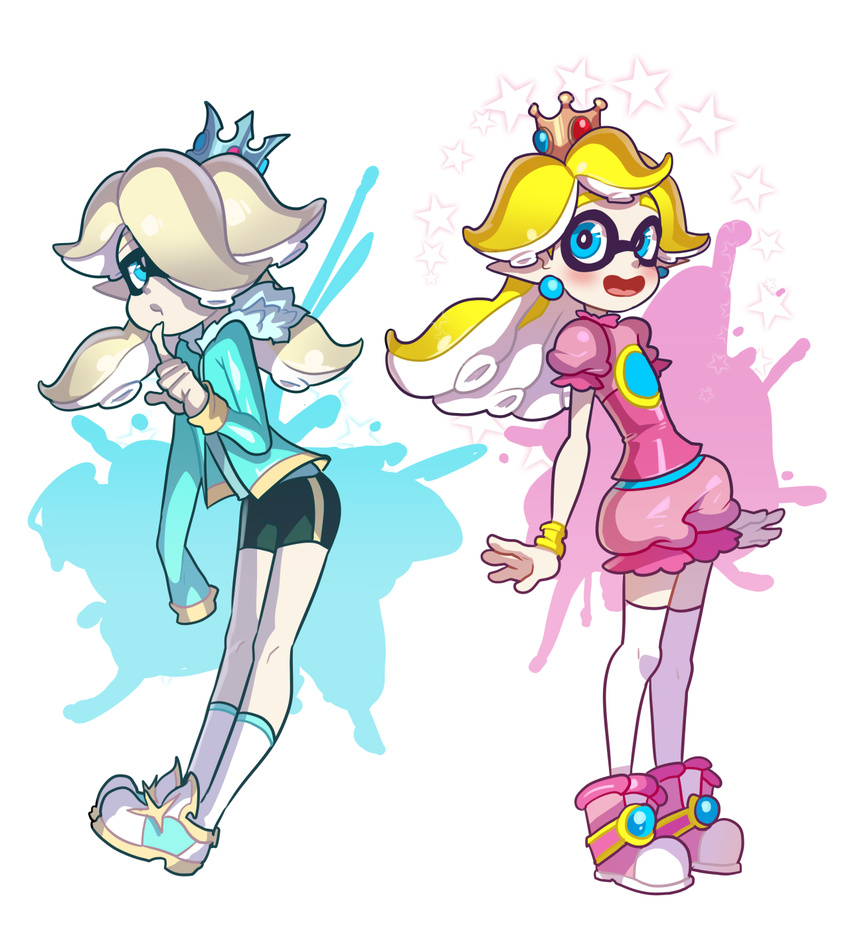 adapted_costume alternate_costume bike_shorts blonde_hair blue_eyes bracelet crown domino_mask finger_to_mouth fur_trim hair_over_one_eye highres inkling jewelry kneehighs long_sleeves mask princess_peach puffy_short_sleeves puffy_shorts puffy_sleeves raspbeary rosetta_(mario) shoes short_sleeves smile splatoon star super_mario_bros. tennis_shoes tentacle_hair thighhighs very_long_sleeves