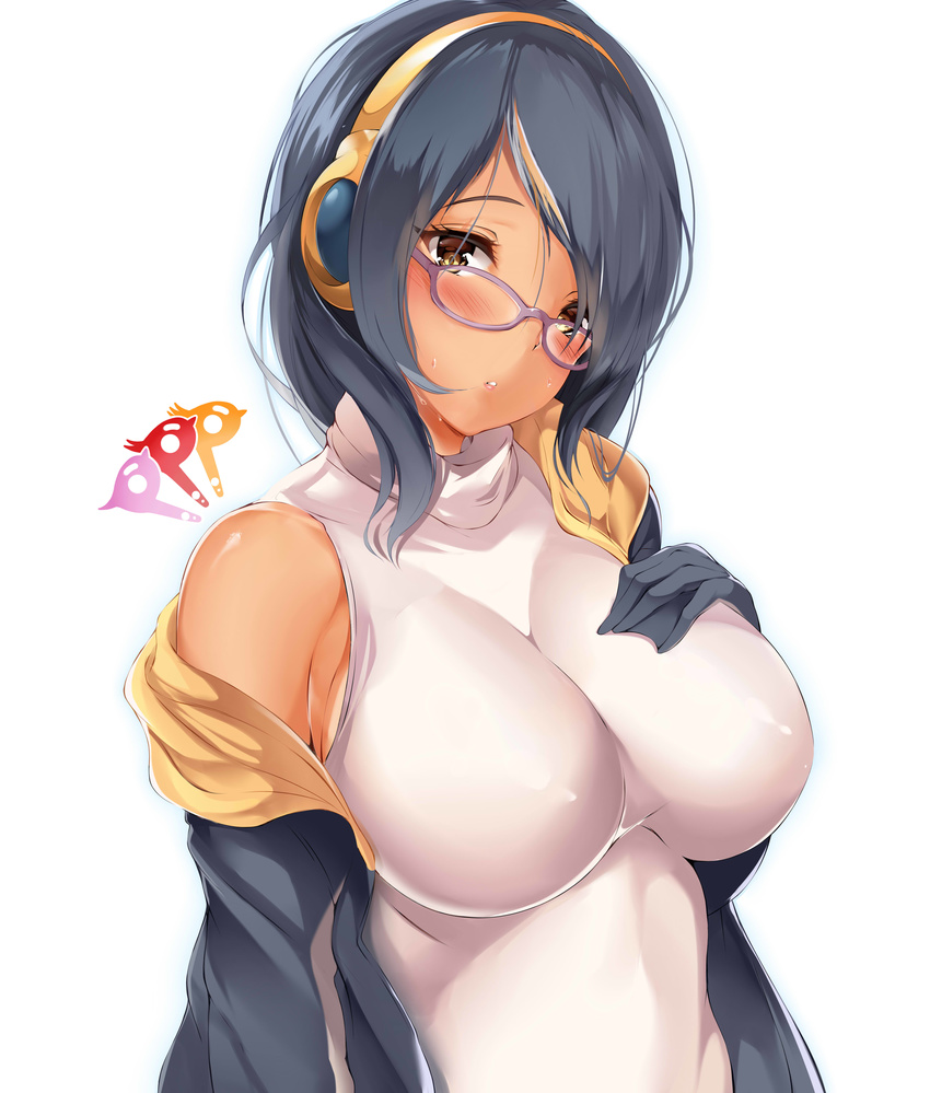 absurdres bare_shoulders black_hair blush breasts brown_eyes brown_hair dark_skin emperor_penguin_(kemono_friends) glasses hair_over_one_eye headphones highres hood hoodie kemono_friends large_breasts leotard long_hair looking_at_viewer multicolored_hair off_shoulder open_clothes open_hoodie solo suigetsu_(hjs1106) sweat white_leotard