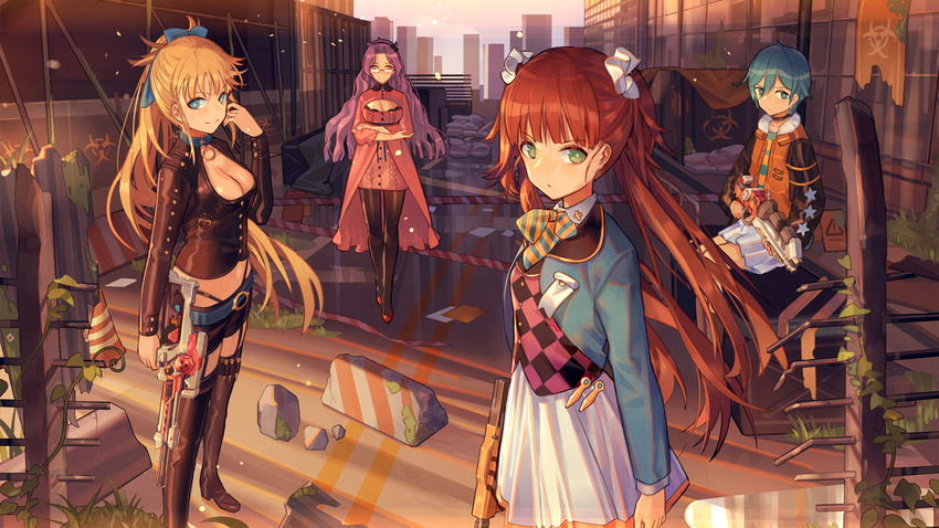 >:( >:) 4girls aran_sweater arms_at_sides banner belt black_legwear blush breasts cable_knit chinese_commentary cleavage cleavage_cutout closed_mouth clothing_cutout collar commentary_request cornelia_(girl_cafe_gun) dress frown full_body girl_cafe_gun gun hair_ribbon holding holding_gun holding_weapon jacket juno_emmons latex light_particles long_hair long_sleeves looking_at_viewer low_twintails medium_breasts multiple_girls nola_moon_(girl_cafe_gun) norizc official_art open_clothes open_jacket photoshop_(medium) ponytail ribbon rifle rococo_(girl_cafe_gun) ruins serious short_hair short_shorts shorts small_breasts smile standing sunlight sweater sweater_dress thighhighs twintails v-shaped_eyebrows wavy_hair weapon