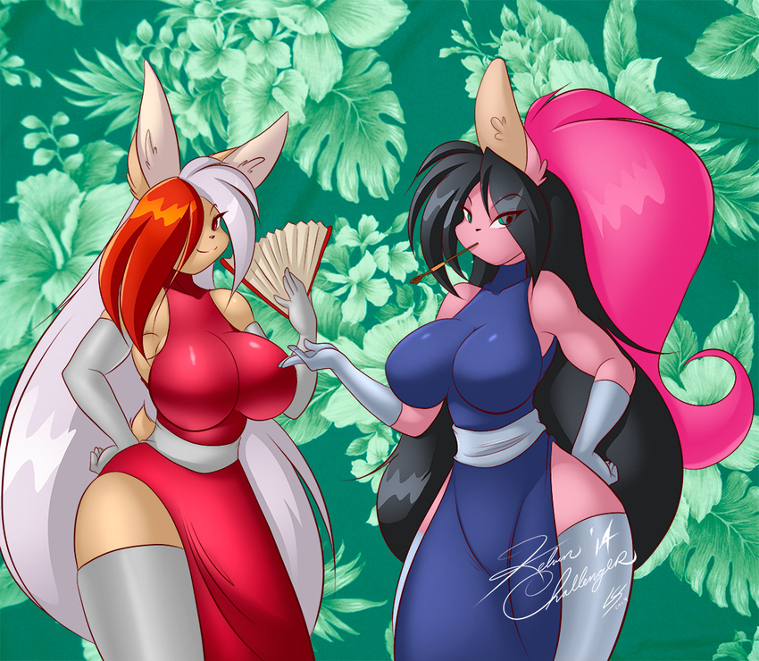 anthro bangs big_breasts big_ears black_hair breasts brown_body brown_fur clothed clothing curvy_figure dress duo female fur gloves green_eyes hair hand_fan handwear huge_breasts kyoko_usagi lagomorph legwear leporid long_ears long_hair looking_at_viewer mammal mastergodai mature_anthro mature_female mother_(lore) multicolored_hair parent_(lore) pink_body pink_fur pink_hair pipe ponytail purple_eyes rabbit rascals red_hair ryoko_asakura smile smoking_pipe stockings thick_thighs two_tone_hair upstairstudios voluptuous white_hair wide_hips