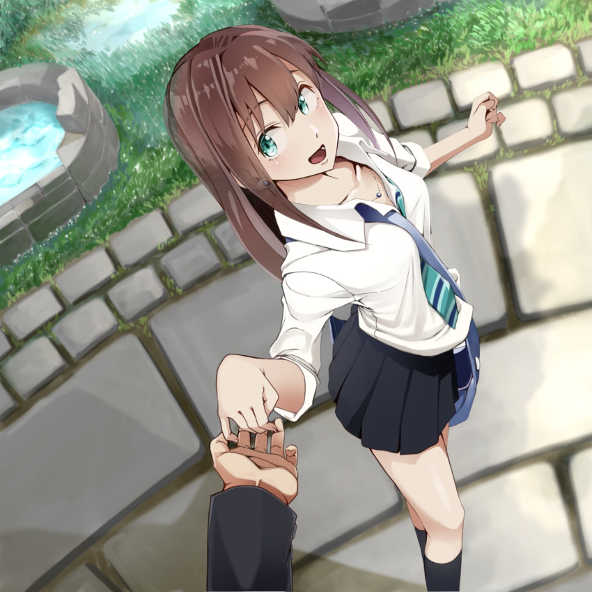 1boy :d bag black_skirt black_socks brown_hair collarbone commentary_request dress_shirt female from_above green_eyes hair_between_eyes highres holding_hands idolmaster idolmaster_cinderella_girls jewelry kinpun_(fgxdw447) long_hair looking_at_viewer miniskirt necklace necktie open_mouth outdoors pleated_skirt producer_(idolmaster) school_bag shibuya_rin shirt skirt smile socks striped striped_necktie white_shirt