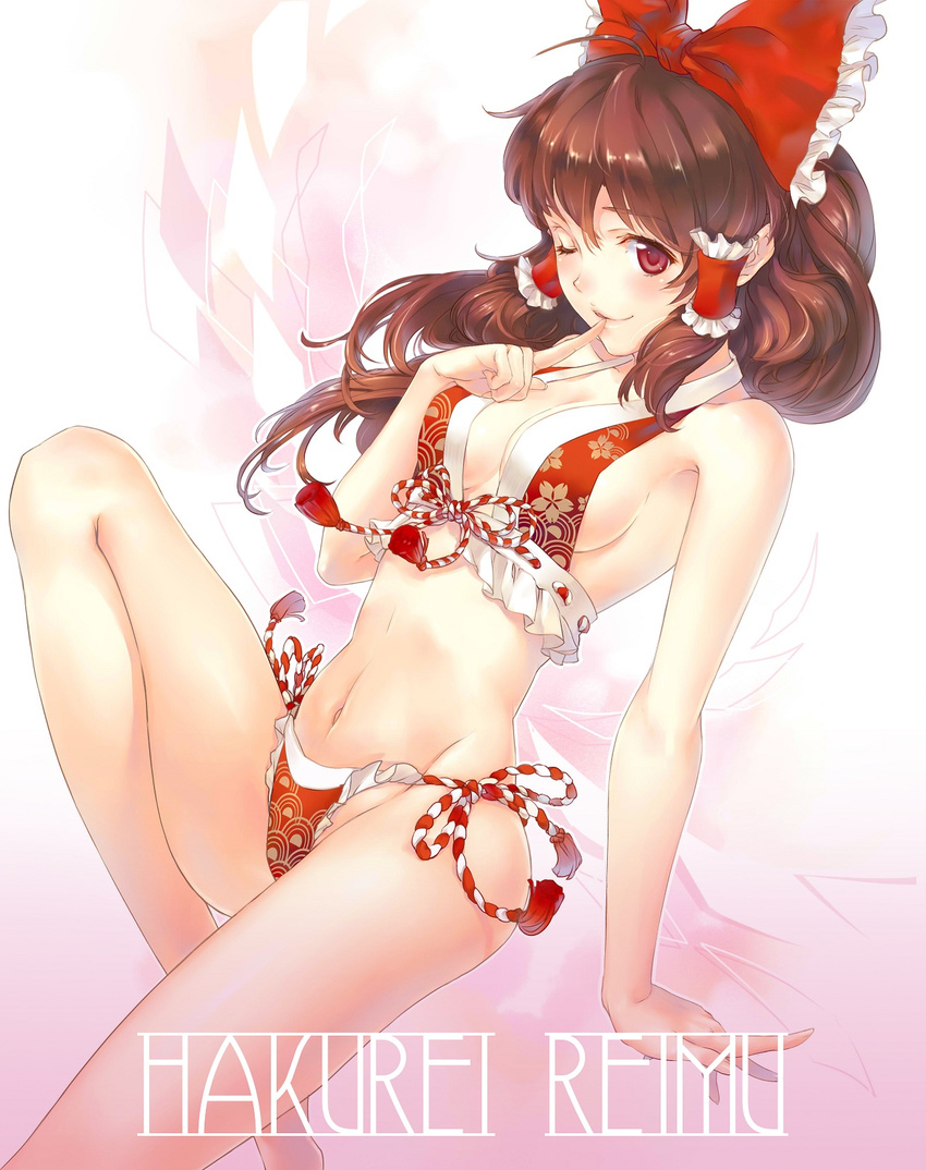 bikini bow bra breasts brown_hair character_name cleavage commentary_request esha female finger_to_mouth floral_print frills front-tie_top hair_tubes hairbow hakurei_reimu halterneck highleg highleg_panties highleg_swimsuit highres legs lips long_hair medium_breasts one_eye_closed open_mouth panties photoshop_(medium) red_bikini red_bow red_eyes ribbon side-tie_panties sideboob smile solo swimsuit touhou underwear underwear_only