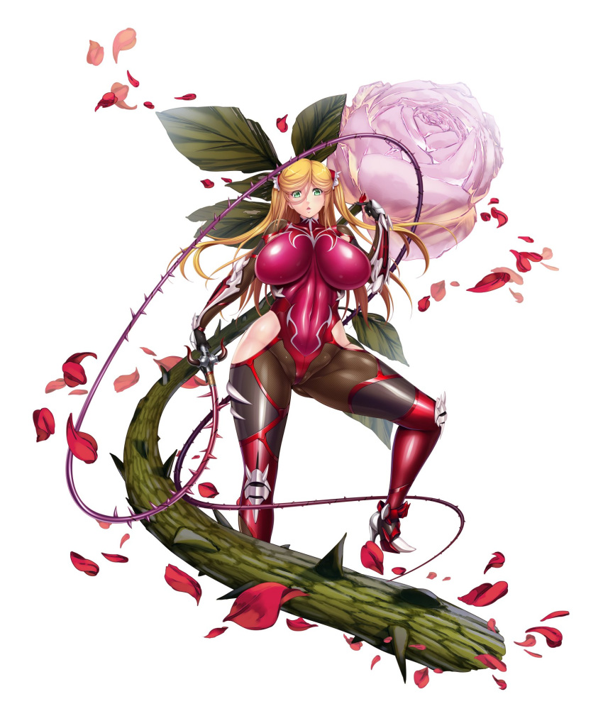 aoi_nagisa_(metalder) blonde_hair bodysuit breasts curvy female female green_eyes huge_breasts kosaka_shizuru leotard lilith-soft long_hair looking_at_viewer partially_visible_vulva plant shiny shiny_skin solo taimanin_(series) taimanin_asagi taimanin_rpgx taimanin_yukikaze twintails weapon whip