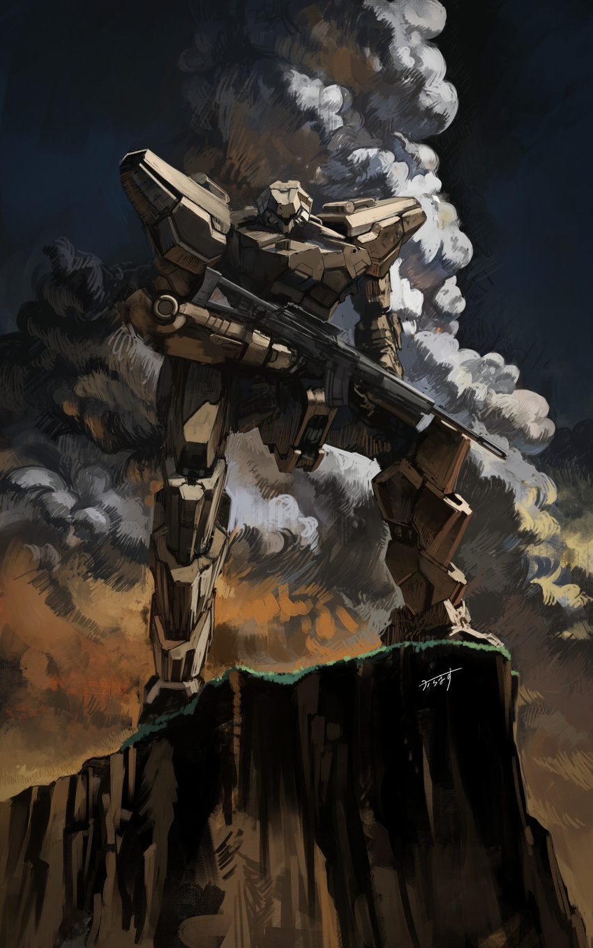 absurdres commentary_request full_body gun highres karamas mecha mechanical military no_humans original rifle robot solo_focus standing weapon