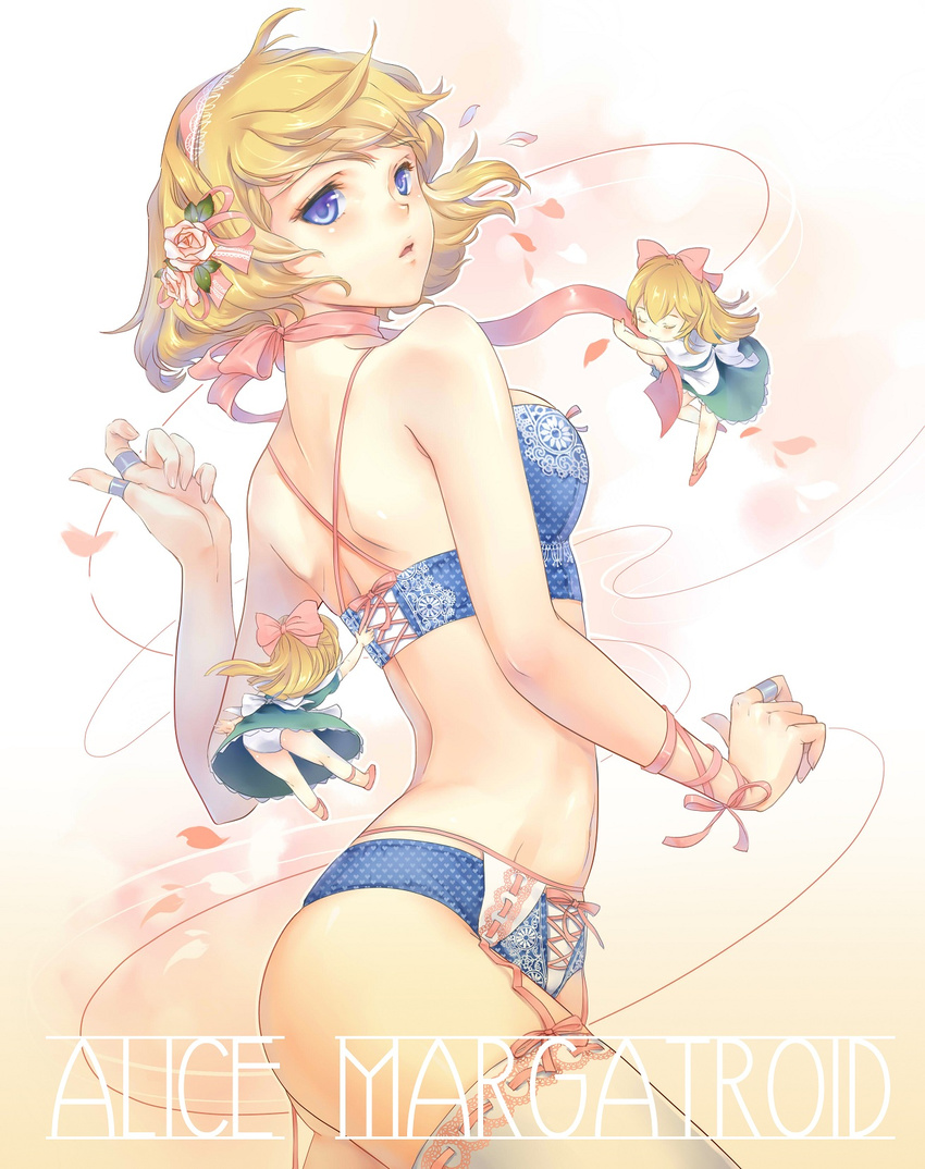 alice_margatroid back blonde_hair blue_eyes bra breasts choker commentary_request doll dress esha female garter_belt hairband highres jewelry long_hair looking_back medium_breasts open_mouth panties petals photoshop_(medium) ribbon ring shanghai_doll short_hair smile solo string thighhighs touhou underwear underwear_only white_thighhighs