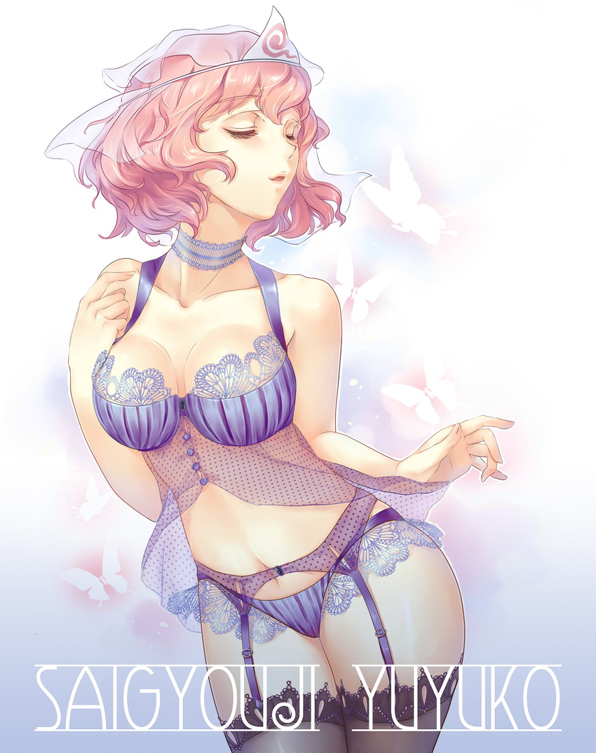 bikini black_thighhighs bra breasts bug bustier butterfly character_name cleavage closed_eyes commentary_request esha female garter_belt halterneck highres lace lace-trimmed_legwear lace-trimmed_panties lace_trim large_breasts open_mouth panties photoshop_(medium) pink_eyes pink_hair purple_bra purple_panties saigyouji_yuyuko short_hair solo swimsuit thighhighs touhou triangular_headpiece underwear underwear_only veil