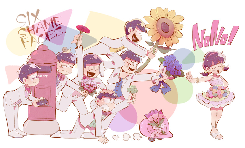 6+boys :3 amazou blush_stickers bouquet bracelet brothers closed_eyes commentary_request dress female flower highres jewelry male_harem matsuno_choromatsu matsuno_ichimatsu matsuno_jyushimatsu matsuno_karamatsu matsuno_osomatsu matsuno_todomatsu multiple_boys one_eye_closed open_mouth osomatsu-kun osomatsu-san osomatsu_(series) postbox_(outgoing_mail) sextuplets siblings six_shame_faces standing straight sunflower tuxedo yowai_totoko