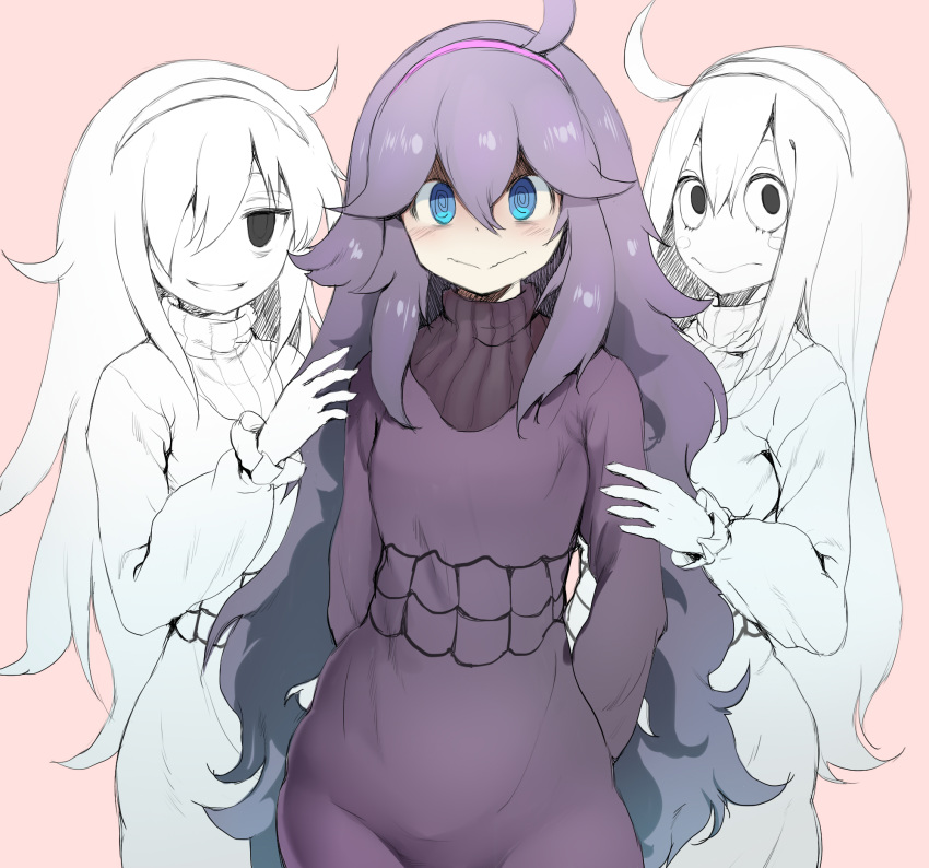 3girls :> @_@ ahoge asui_tsuyu bags_under_eyes blush boku_no_hero_academia commentary cosplay crossover girl_sandwich hair_over_one_eye hairband hex_maniac_(pokemon) hex_maniac_(pokemon)_(cosplay) highres kedamono_kangoku-tou kuroki_tomoko long_hair messy_hair multiple_crossover multiple_girls necktie partially_colored pink_background pokemon pokemon_xy purple_hairband ribbed_sweater sandwiched simple_background sweater trait_connection watashi_ga_motenai_no_wa_dou_kangaetemo_omaera_ga_warui!