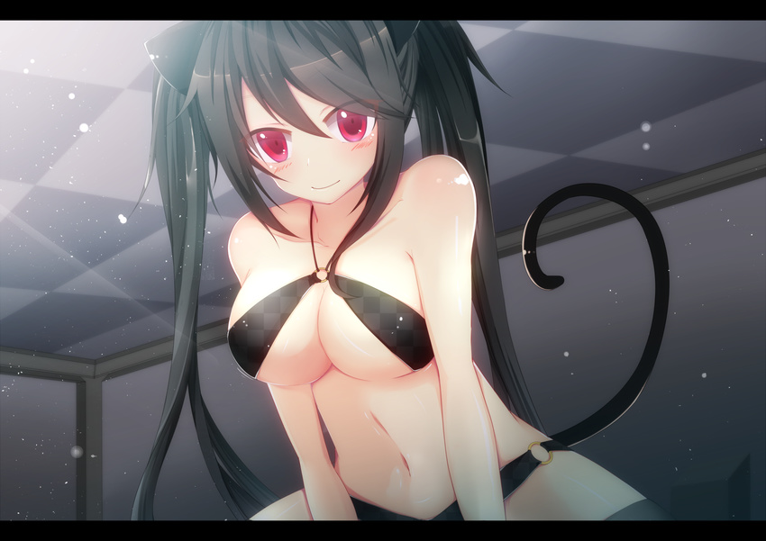 animal_ears bikini black_bikini black_hair bloodcatblack breasts cat_ears cat_tail commentary_request female highres letterboxed long_hair medium_breasts navel o-ring o-ring_top phantasy_star phantasy_star_online_2 red_eyes solo swimsuit tail thighhighs twintails