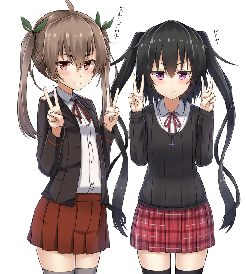 2girls black_hair black_legwear borrowed_character brown_eyes brown_hair brown_skirt commentary_request cross cross_necklace double_v green_ribbons grey_legwear hair_ribbon highres jewelry long_hair looking_at_viewer miyako_(yakob_labo) multiple_girls necklace note-chan original pleated_skirt purple_eyes ribbon school_uniform shirt simple_background skirt smile thighhighs twintails v white_background white_shirt yakob_labo