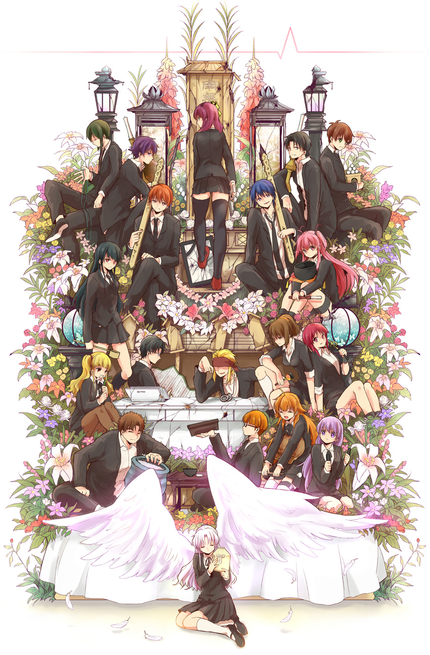 6+boys 6+girls ahoge angel_beats! back back-to-back beads black_footwear black_hair black_legwear black_necktie black_pants black_skirt blue_hair bowl_cut broken_glass brown_legwear chrysanthemum closed_eyes commentary_request covered_eyes covered_mouth crack crossed_legs cuffs everyone feathers finger_on_trigger flower flower_over_mouth formal frown fujimaki_(angel_beats!) funeral glass glasses green_hair gun hair_ribbon handcuffs handgun headband heartbeat highres hinata_hideki hisako_(angel_beats!) holding holding_flower holding_gun holding_weapon iei irie_miyuki iwasawa_masami kneehighs knees_up kono_sanorou ladle lantern leaning_back leaning_on_person leaning_to_the_side lily_(flower) looking_at_viewer matsushita_(angel_beats!) miniskirt multiple_boys multiple_girls nakamura_yuri naoi_ayato neck_ribbon necktie noda_(angel_beats!) one_side_up ooyama_(angel_beats!) open_hand orange_flower orange_hair otonashi_yuzuru outstretched_arms pant_suit pants pantyhose pink_eyes pink_hair ponytail pot prayer_beads purple_eyes purple_hair red_eyes red_flower red_hair ribbon sekine_shiori shiina_(angel_beats!) shoe_soles shoes sidelocks sitting skirt skirt_suit sleeves_rolled_up smile smirk socks spirit_tablet spread_fingers suit table tachibana_kanade takamatsu_(angel_beats!) takeyama_(angel_beats!) thigh_strap thighhighs tk_(angel_beats!) two_side_up weapon white_flower white_legwear wings wooden_fish yellow_flower yokozuwari yui_(angel_beats!) yusa_(angel_beats!) zettai_ryouiki