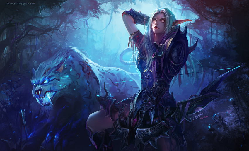 animal bad_link bow_(weapon) chenbo elf female forest hunter_(warcraft) long_hair looking_at_viewer nature night_elf_(warcraft) player_character_(wow) pointy_ears warcraft weapon world_of_warcraft