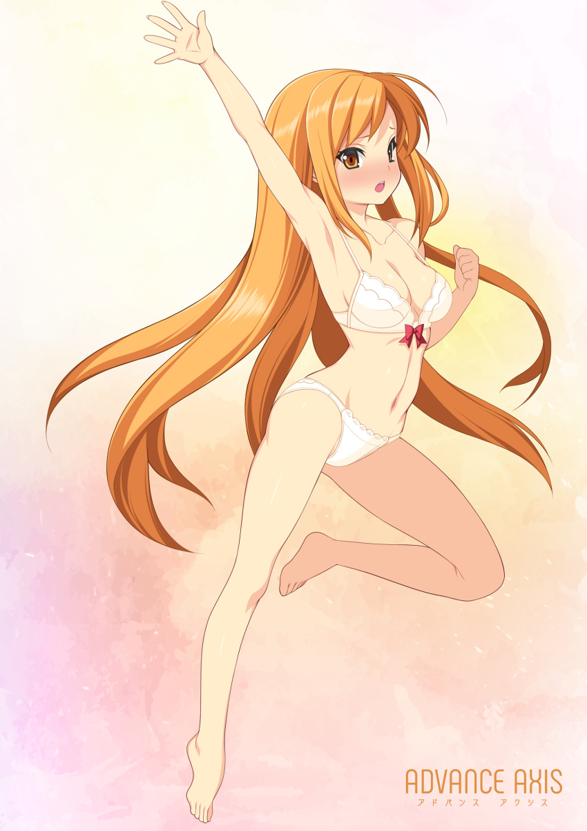 absurdres arm_up armpits ass_visible_through_thighs bare_legs barefoot beatmania_iidx blush bow bow_bra bra breasts cleavage female full_body highres kinoshita_ichi leg_up long_hair medium_breasts navel non-web_source open_mouth orange_eyes orange_hair panties sidelocks solo standing standing_on_one_leg umegiri_iroha underwear underwear_only very_long_hair white_bra white_panties