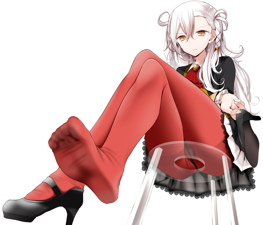 >:( ascot ass bad_id bad_pixiv_id black_footwear black_panties braid brooch brown_eyes closed_mouth collared_shirt commentary cowlick crossed_arms crossed_legs crotch_seam dutch_angle fate/grand_order fate_(series) feet female foot_focus from_below frown gem glass glass_chair hair_between_eyes high_heels highres holding holding_shoes jewelry lace legs long_hair long_sleeves no_shoes olga_marie_animusphere oouso panties panties_under_pantyhose pantyhose perspective petticoat pleated_skirt red_ascot red_pantyhose serious shirt shoes side_braid simple_background single_braid single_shoe sitting skirt soles solo stool thighband_pantyhose toes transparent transparent_seat underwear unworn_shoes upskirt v-shaped_eyebrows white_background white_hair white_skirt wing_collar