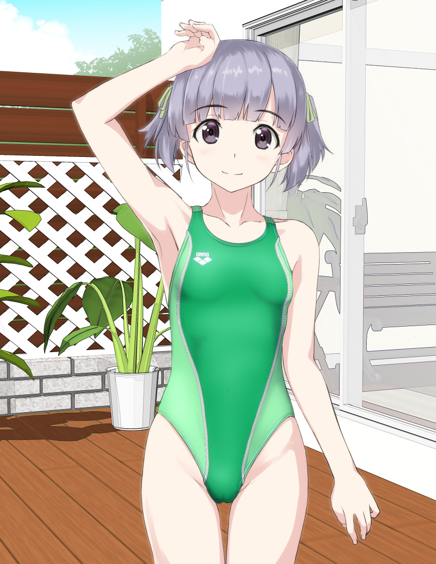 arena_(company) bench black_eyes cameltoe collarbone commentary_request competition_swimsuit cowboy_shot deck_(architecture) female fence flat_chest green_one-piece_swimsuit highres kantai_collection looking_at_viewer one-piece_swimsuit ooshio_(kancolle) outdoors plant potted_plant purple_hair short_twintails sliding_doors smile solo swimsuit takafumi trellis twintails