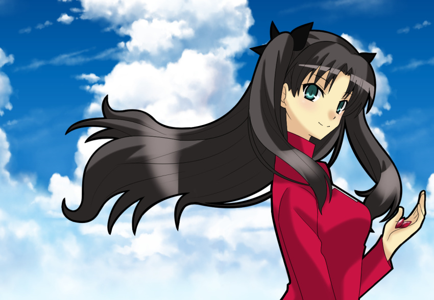 aqua_eyes black_hair blue_sky breasts cloud commentary_request day fate/stay_night fate_(series) female gem hair_ribbon long_hair looking_at_viewer matsudora124 medium_breasts ribbon sky smile solo tohsaka_rin two_side_up