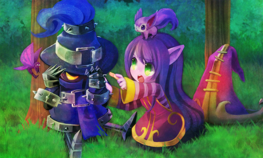 animal_ears bandaid colored_skin commentary_request fairy female green_eyes hat league_of_legends long_hair lulu_(league_of_legends) mizoreame open_mouth pix_(league_of_legends) pointy_ears purple_hair purple_skin veigar witch_hat yellow_eyes yordle