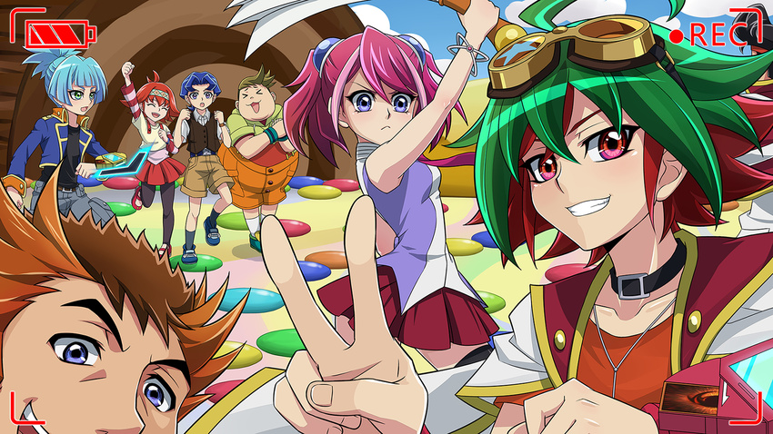 2girls 6+boys ayukawa_ayu back black_hair blue_eyes blue_hair bracelet brown_hair card choker commentary_request duel_disk dyed_bangs goggles goggles_on_head green_hair hairband hand_fan harada_futoshi harisen highres hiiragi_shuzou hiiragi_yuzu jewelry multicolored_hair multiple_boys multiple_girls necklace necktie noboru_gongenzaka orange_shirt pantyhose pendant photoshop_(medium) pink_hair pompadour ponytail red_eyes red_hair sakaki_yuya shirt shiun'in_sora shorts smile thighhighs tsubaki2718 two-tone_hair v viewfinder yamashiro_tatsuya yu-gi-oh! yu-gi-oh!_arc-v zettai_ryouiki