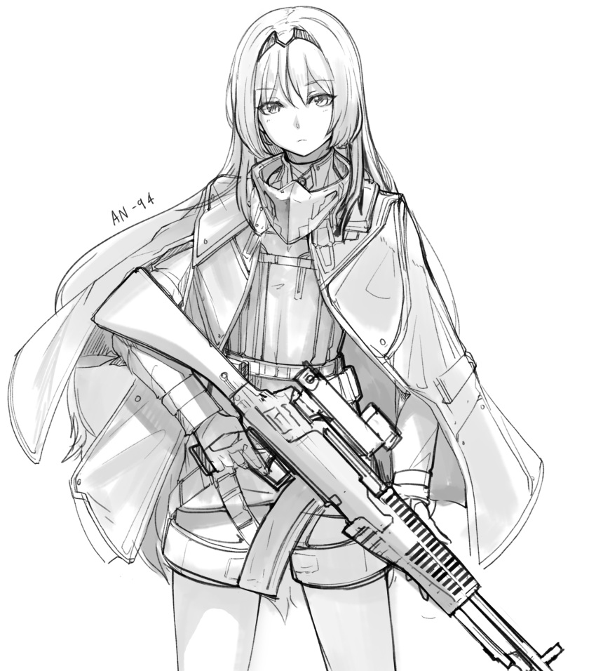 an-94 an-94_(girls'_frontline) assault_rifle commentary_request female fingerless_gloves girls'_frontline gloves greyscale gun highres korean_commentary long_hair mhg_(hellma) monochrome photoshop_(medium) rifle shorts solo weapon